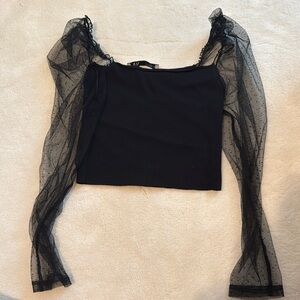 Zara Black Sheer Puff Sleeve Crop Blouse